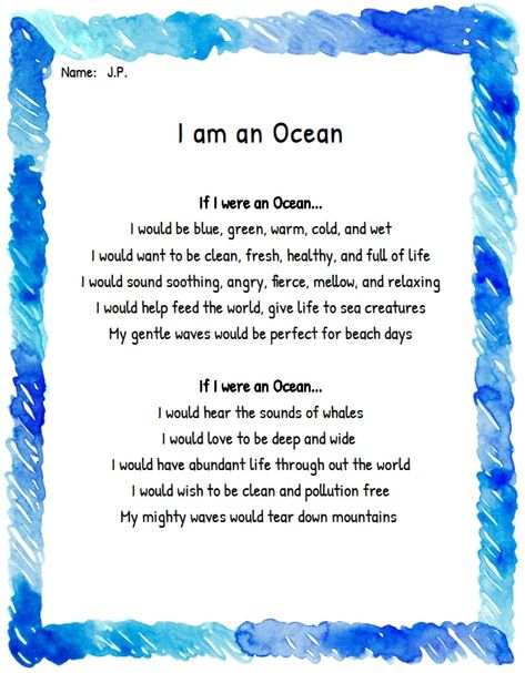 Ocean Meaning, Poem Generator, Personification Poems, Ocean Poem, Persona Examples, Ocean Acidification, Classroom Charts, Creative Writing Ideas, Ocean Kids