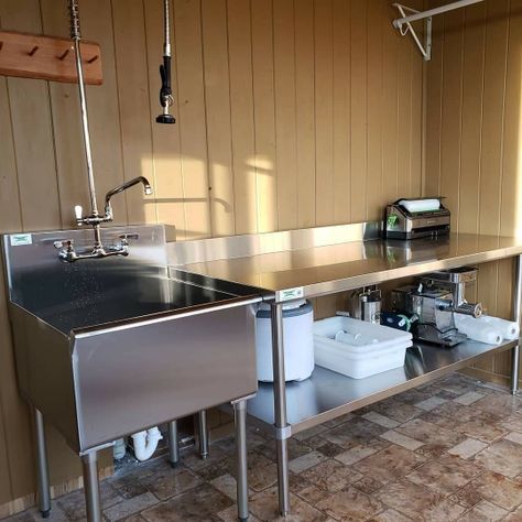 Garage Sink And Counter, Small Cafe Kitchen Design, Meat Processing Room, Commercial Kitchen Design For Home, Sink In Garage, Quail Feather, Industrial Kitchen Sink, Garage Setup, Garage Sink