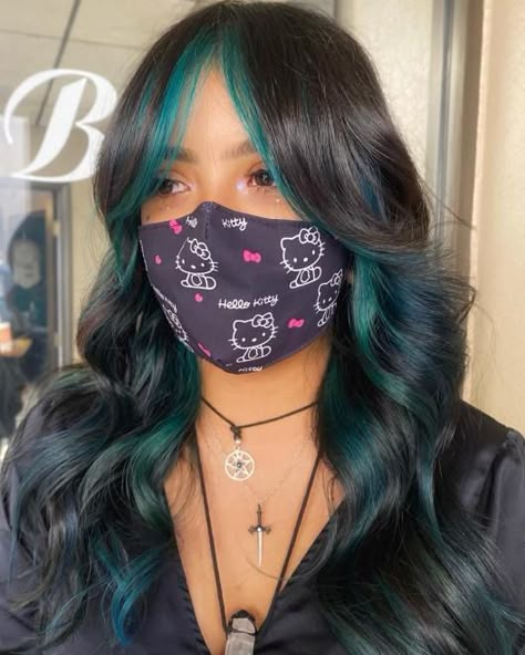 Dark Teal Peekaboo Hair, Dark Hair With Teal Peekaboo, Dark Brown Peekaboo Highlights, Peekaboo Hair Color Teal, Shag With Peekaboo Highlights, Black Hair With Copper Peekaboos, Brown Hair With Peak A Boo Color, Brown Hair With Blonde Inside, Rose Gold Underneath Hair Brunette