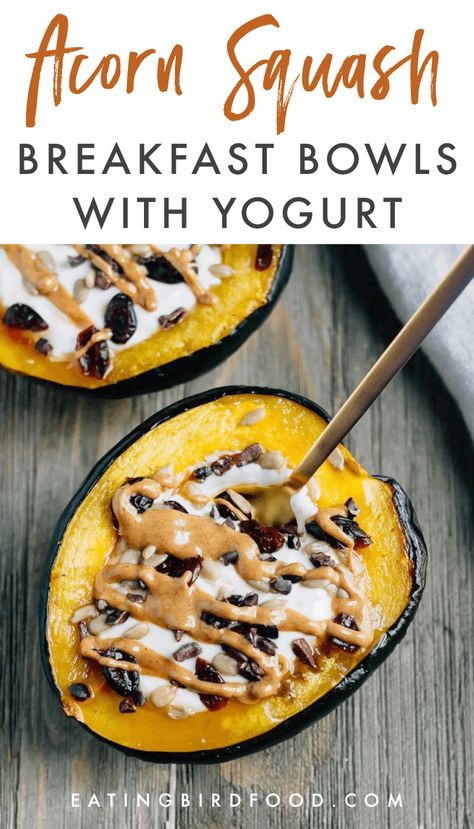 Instant Pot Acorn Squash, Squash Breakfast, Stovetop Granola, Breakfast Bowl Vegan, Roasted Acorn Squash, Eating Bird Food, Acorn Squash Recipes, Squash Recipe, Filling Breakfast