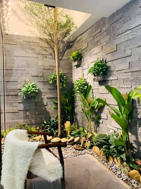 Thai Villa, Dining Area Design, Fish Pond Gardens, Stone Walls Interior, Rooftop Design, Potted Plants Outdoor, Natural Stone Wall, Home Garden Design, Salon Interior Design