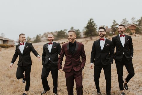 Men’s Burgundy Wedding Attire, Black And Maroon Suit Men Wedding, Burgundy And Gold Wedding Groomsmen, Burgundy Wedding Mens Attire, Burgundy And Black Groom Suit, Groom In Maroon Suit, Maroon Suit Groomsmen, Groom Suit Burgundy Wedding Colors, Black And Maroon Groomsmen Attire