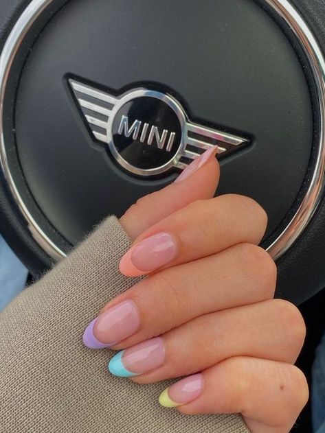 Summer Nails – Pastel Nails, Gel Nails - davidreed.co Aesthetic Nails For Summer 2023, Aesthetic Nails French Tip Color, Nail Ideas Blue And Pink, French Manicure Nails Colored, Sqoavle Nails, French Pastel Nails, Pastel Colored Nails, Mini French Nails, French Color Nails