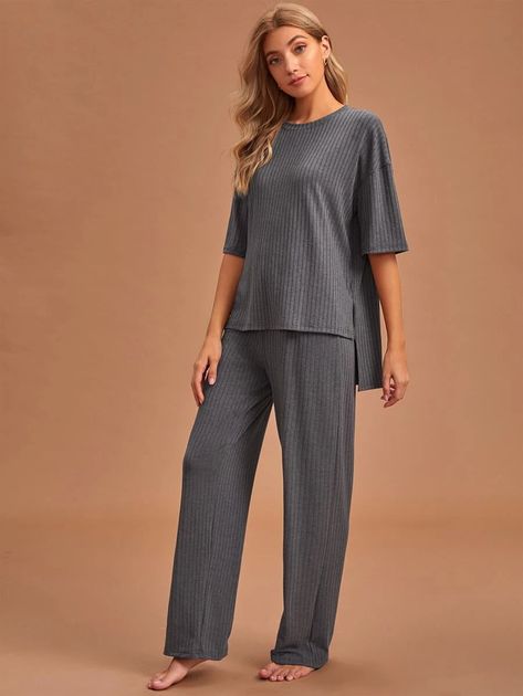 Rib-Knit High Low Tee With Pants Lounge Set | SHEIN Ribbed Lounge Set, Maternity Wardrobe, Rib Top, Pregnancy Wardrobe, Top Pants Set, Lounge Set, Lounge Sets, Pant Set, High & Low