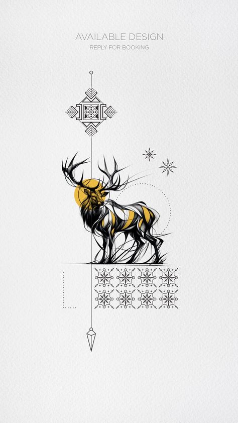 Fine line geometric tattoo of a stylized deer, surrounded by geometric patterns, straight lines, and pointy stars. Line Geometric Tattoo, Fine Line Geometric Tattoo, Deer Tattoo, Straight Lines, Fine Line, Red Dots, Geometric Patterns, Tattoo Studio, Geometric Design