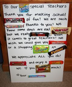 Teaching is an often thankless yet very important job. If anyone deserves a gift this holiday season, we'd say teachers should be first on the list. But what do they really want? To find out, TODAY asked teachers and parents for the best gifts they've ever received or given. The results are, well, educational!1. DO: Remember that teachers are adults, tooBelieve it or not, a bottle of alcohol can Chocolate Poster, Creative Teachers Gifts, Candy Bar Posters, Candy Board, Candy Poster, Diy Chocolate, Poster Diy, Make School, Candy Cards