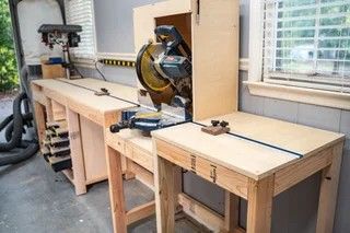 Miter Station, Mitre Saw Station, Miter Saw Table, Workbench Plans Diy, Woodworking Shop Layout, Diy Workbench, Garage Work Bench, Workbench Plans, Diy Garage Storage