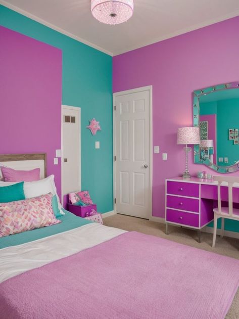 Create a striking and vibrant focal point in a girls bedroom with a purple accent wall. Add some pops of color throughout the room with fun accessories like pink throw pillows, a turquoise rug, and a playful wall decal. Purple Teal Bedroom Room Ideas, Pink Purple Turquoise Bedroom, Pink And Purple Bedroom Walls, Purple Turquoise Bedroom, Pink Purple Blue Bedroom Girl Rooms, Pink And Blue Kids Bedroom, Blue And Pink Bedroom For Kids, Pink And Purple Girls Bedroom, Pink And Purple Walls