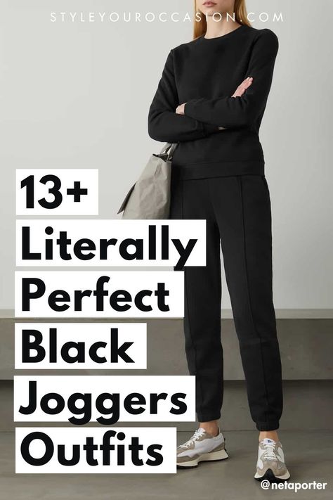 Looking for jogger pants outfit ideas for everyday style in fall or winter? You’ll love this list of casual black joggers outfit ideas for women that have a perfect street style vibe. There are also dressy black jogger outfits for work. (Trendy outfits 2024) Womens Jogger Pants Outfit, How To Wear Black Joggers Casual, Black Joggers And Hoodie Outfit, Jogger For Work, High Waisted Black Joggers Outfit, Black Lululemon Pants Outfit, Black Jogger Athleisure Outfit, Jogger Outfits For Teachers, Jogger Black Pants Outfit