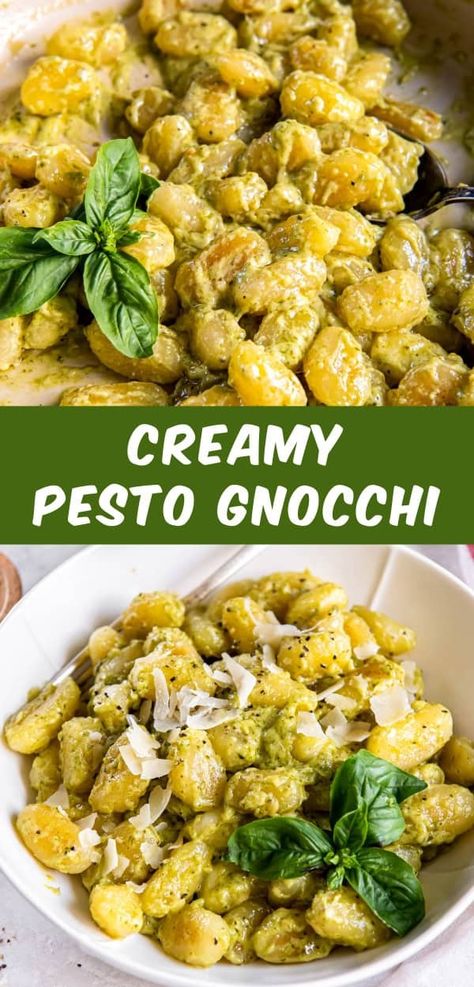 Make weeknights easy with this Creamy Pesto Gnocchi! You only need 6 ingredients and everything cooks in one skillet in under 20 minutes. Creamy Pesto Gnocchi, Creamy Gnocchi, Pesto Gnocchi, Baked Pesto Chicken, Creamy Pesto Sauce, Homemade Pesto Sauce, Homemade Gnocchi, Creamy Pesto, One Skillet