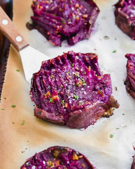 Roasted Stokes Purple Sweet Potato Recipe - Smashed Purple Potatoes Candied Purple Sweet Potatoes, Purple Yams Recipe, Purple Food Recipes, Purple Sweet Potato Salad, Purple Yam Recipe, Beni Imo, Purple Sweet Potato Recipes, Japanese Purple Sweet Potato, Purple Potato Recipes