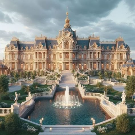 Palace Design Exterior, Fantasy Mansion Art, Royal Palace Exterior, Park Architecture, Landscape Design Architecture, Castle Exterior, Big Mansions, Castle House Design, Palace Architecture