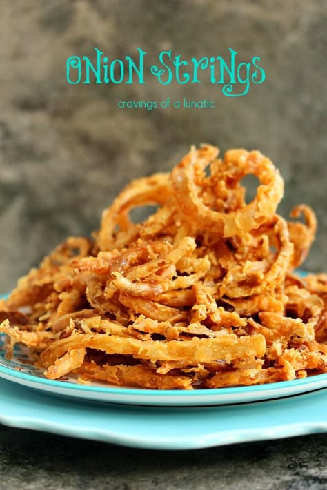 Onion Strings | Cravings of a Lunatic | Seriously sinful and totally worth indulging in! Fried Onion Rings, Onion Strings, Spicy Dipping Sauce, French Fried Onions, Crispy Onions, Onion Recipes, Corn Dogs, Fried Onions, Game Day Food