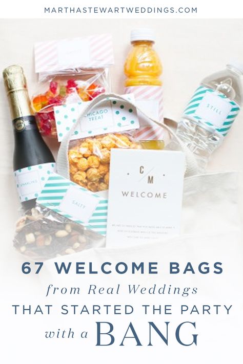 67 Welcome Bags from Real Weddings that Started the Party with a Bang | Martha Stewart Weddings Hotel Baskets For Wedding Guests, What To Put In Welcome Bags Wedding, Wedding Hotel Welcome Bags Ideas Diy, Wedding Gift Bag Ideas For Hotel Guests, Thank You Boxes Wedding, Family Vacation Welcome Bags, Wedding Guest Welcome Bags Hotels, Welcome Packages For Wedding Guests, Wedding Guest Gift Bags