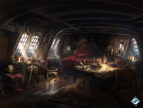 Pirate Ship Bedroom Concept Art, Fantasy Ship Interior, Pirate Ship Deck, Pirate Ship Bedroom, Fantasy Ship, Pirate Ship Art, Dark Tide, Pirate Stuff, Mermaid Stories