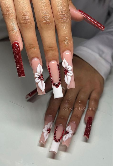 Prom Red Nail Designs, Red Silver Prom Nails, Red Nail Set With Gems, Cute Burgundy Nails Acrylic, Prom Burgundy Nails, Red Nails Mexican, Prom Nails Acrylic Burgundy, White And Red Nails With Designs, Xl Long Acrylic Nails Red