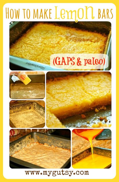 GAPS Lemon Bars (recipe has two crust variations) #nutfree #Gutsy Gaps Dessert Recipes, Paleo Lemon Bars, Primal Desserts, Gaps Diet Recipes, Gaps Recipes, Arrowroot Flour, Lemon Bar, Lemon Bars Recipe, Gaps Diet