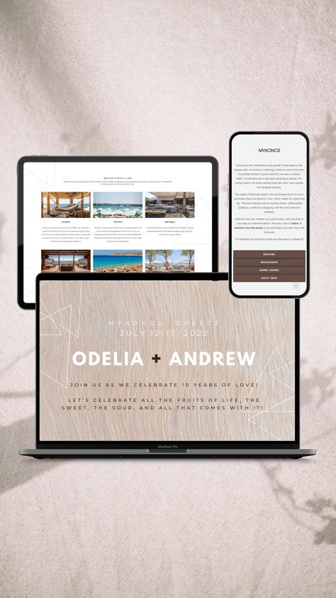 A MacBook displaying a digital wedding invitation in the foreground, alongside a tablet and smartphone showing detailed wedding itinerary and location information from a custom-designed wedding website. The overall design is minimalistic with neutral tones. Destination Wedding Website, Traveling To Greece, Mykonos Greece, Luxury Event, Travel Planning, 10 Anniversary, 10th Anniversary, Vow Renewal, Greece Travel