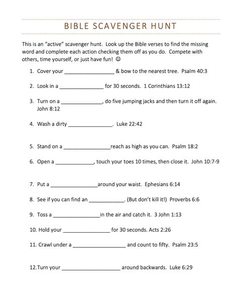 Bible Verse Fill In The Blank, Treasure Hunt Bible Lesson, Fill In The Blank Bible Worksheets, Gospel Scavenger Hunt, Ladies Scavenger Hunt Ideas, Books Of The Bible Scavenger Hunt, Indoor Bible Verse Scavenger Hunt, Genesis Scavenger Hunt, New Testament Scavenger Hunt