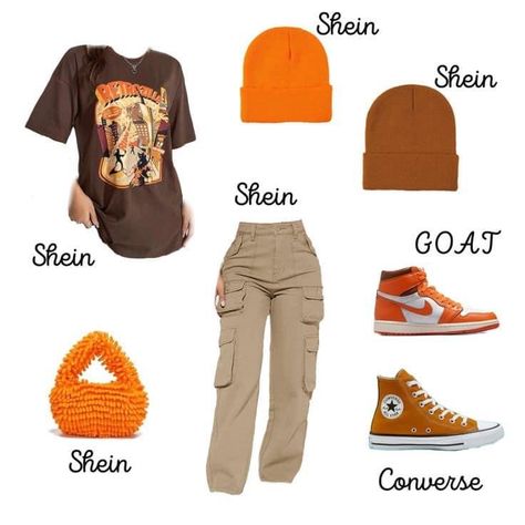 Orange Shein Outfit, Turf Orange Jordan 1 Outfit, Starfish Ones Outfit, Fall Outfit With Jordans, Graphic Tees With Cargo Pants, Fall Outfits Jordans, Khaki And Orange Outfit, Orange Fall Outfit Ideas, Graphic T Shirt Outfit Black Women