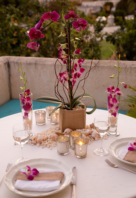 Orchid Quinceanera Theme, Orchid Party Decor, Orchid Birthday Theme, Tiered Candle Centerpiece, Orchid Centerpieces Wedding, Lily Centerpieces, Birthday 25, Secret Garden Parties, Orchid Centerpieces