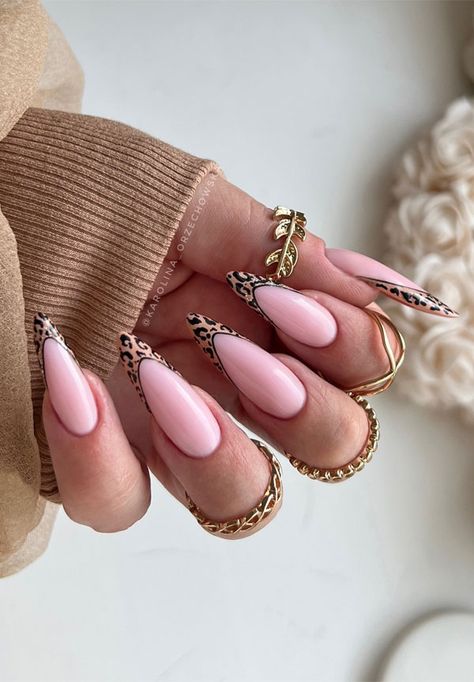 Leopard French Tip Almond Nails, Trendy Fall Nails, autumn nails, autumn nail designs, fall color nails Leopard French Tip, Print French Tip Nails, Tip Almond Nails, French Tip Almond Nails, French Tip Almond, Trendy Fall Nails, Autumn Looks, Classy Acrylic, Colourful Nails