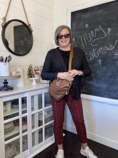 How to style tartan plaid pants multiple ways - Karins Kottage Tartan Plaid Pants Outfit, Classic Plaid Pants For Office, Plaid Long Pants For Work, Tartan Trousers Outfit, Green Plaid Pants Outfit, Checkered Trousers Outfits, Red Plaid Pants Outfit, Tartan Plaid Pants Women, Plaid Leggings Outfit