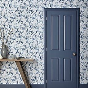 Woodland Blue Wallpaper | Dunelm Honesty Wallpaper, Powder Blue Bedroom, Blue Grey Living Room, Wallpaper Hallway, Blue Hallway, Hallway Wallpaper, Blue Floral Wallpaper, Woodland Wallpaper, House Colours