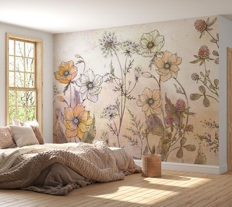 Aesthetic Paint, Floral Wall Mural, Flower Mural, Bedroom Murals, Up House, Mural Wall Art, Accent Wallpaper, Boho Bedroom, Traditional Wallpaper