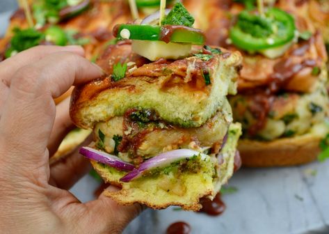 Aloo Tikki Sliders - My Vegetarian Roots Aloo Tikki Sliders Vegetarian Sliders, Fried Potato Patties, Indian Dinner Menu, Indian Fast Food, Aloo Tikki, Garlic Chutney, Indian Dinner, Potato Patties, Tamarind Chutney