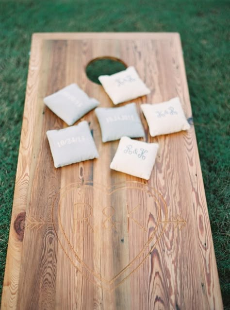 Wedding Games Cornhole, Corn Hole At Wedding, Corn Hole Boards Wedding, Wedding Games Outdoor, Summer Camp Wedding Theme, Wedding Outdoor Games, Corn Hole Wedding, Corn Hole Party, Southern Wedding Decor