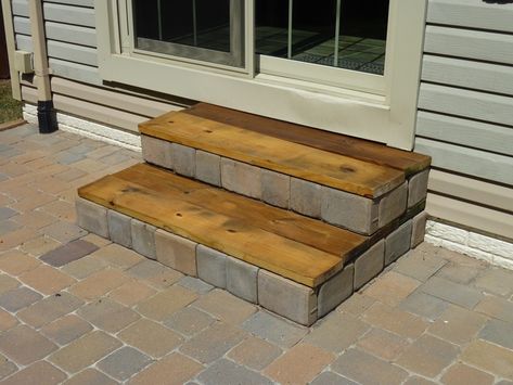 DIY Stairs! - interesting... kinda like the combo of bricks and wood.... Patio Stairs, Patio Steps, Outdoor Steps, Wooden Steps, Porch Steps, Brick And Wood, Outdoor Stairs, Diy Stairs, Deck Ideas