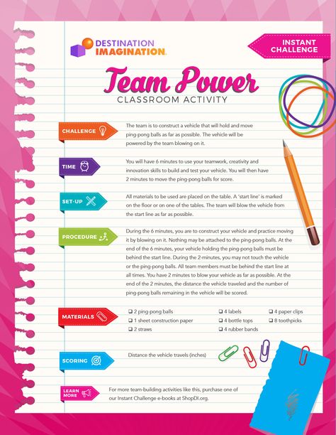 Your challenge is to construct a vehicle that will hold and move ping-pong balls as far as possible. Use that STEAM power! Steam Activities For Kids, Girl Scout Daisy Activities, Odyssey Of The Mind, Destination Imagination, Mathematics Activities, Steam Ideas, Stem Classes, Team Activities, Challenges Activities