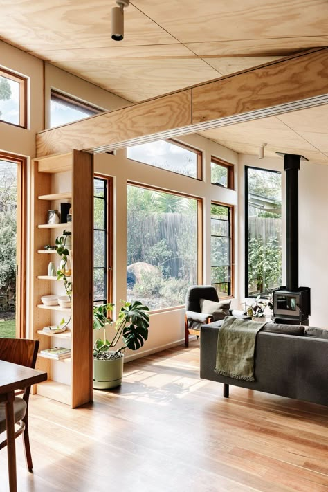 Monty SunCatcher — Drawing Room Architecture 1950s Architecture Home, 1950s Windows, 1950 Architecture, 1950s Cottage, Room Architecture, Engineered Timber Flooring, Biophilic Design, Melbourne House, Timber Cladding