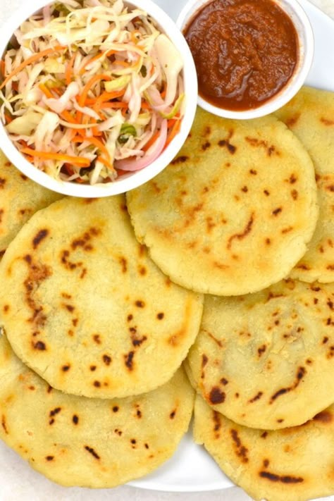 Pupusas - GypsyPlate Popusas Recipe, Salvadorian Food, South American Recipes, Latin Recipes, Fermented Cabbage, Griddle Cooking, National Dish, Cabbage Slaw, All Recipes