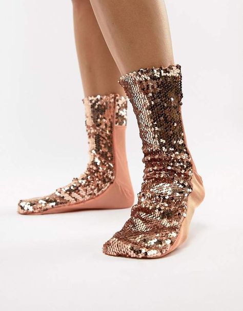 ASOS DESIGN rose gold sequin sock #rosegold #sequin #socks #fashion Gold Socks, Sparkly Socks, Velvet Socks, Rose Gold Sequin, Socks And Heels, Patterned Socks, Mode Online, Gold Sequin, Fashion Socks