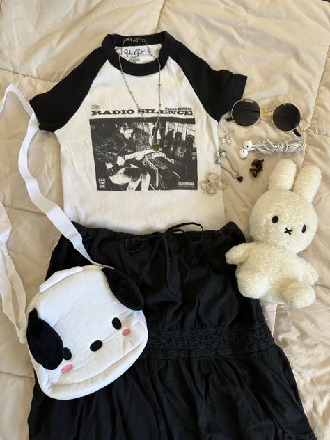 outfit inspo fashion inspo miffy plushie pochacco bag round sunglasses radio silence shirt brandy shirt brandy tee brandy melville black long ruffle skirt Miffy Aesthetic Outfit, Pochacco Inspired Outfit, Pochacco Outfit Ideas, Miffy Inspired Outfit, Pochacco Shirt, Pochacco Clothes, Pochacco Outfit, Radio Silence Shirt, Miffy Outfit