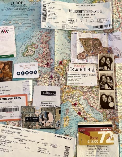 #collage #ticket #europe #travel Travel Map Aesthetic, Travel Collage Ideas, Scrapbook Tickets, Travelling Collage, Erasmus Aesthetic, Europe Travel Journal Ideas, Europe Collage, Travel Flatlay, Study Abroad Europe