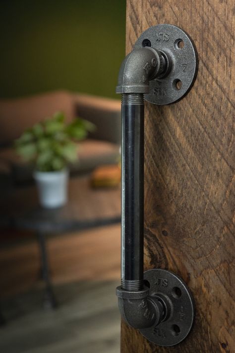 A perfect blend of function and style, these industrial farmhouse style barn door pulls are the finishing touch for your rustic barn doors. These are not hollow, imitation barn door handles. These are genuine industrial pipe fittings that will stand the test of time. You will know Pipe Décor parts and accessories when you hold them. Beauty and beast. Strength and style. This is real industrial pipe for your decoration and designs. Accept no substitutes. Clean and seal each piece, before assembly Rustic Barn Door Handles, Industrial Door Handles, Rustic Door Handles, Barn Door Handles Hardware, Deck Doors, Rustic Handles, Rustic Barn Doors, Industrial Barn Door, Mountain House Decor