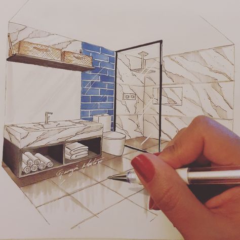 Tiles Rendering, Tile Rendering, Tiles Drawing, Rendered Drawings, Bathroom Sketch, Tile Feature Wall, Adu Bathroom, Interior Sketching, Bathroom Drawing