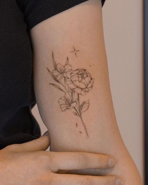 Bouquet Of Peonies Tattoo, Small Peony Bouquet Tattoo, Delicate Bouquet Tattoo, Delicate Chrysanthemum Tattoo, Delicate Flower Bouquet Tattoo, Flowers Flash Tattoo, Bouquet Of Flowers Tattoo Placement, Chrysanthemum And Peony Tattoo, Marigold Bouquet Tattoo