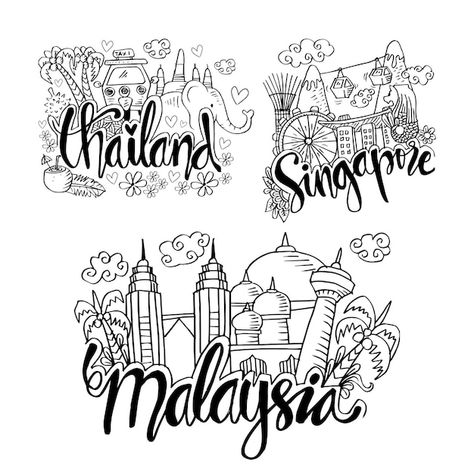 Doodle Malaysia Madani, Singapore Travel Journal, Tugu Negara Malaysia Drawing, Malaysia Doodle Art, Singapore Illustration Graphics, Singapore Doodle, Doodle Merdeka Malaysia, Doodle Merdeka, Payung Merdeka