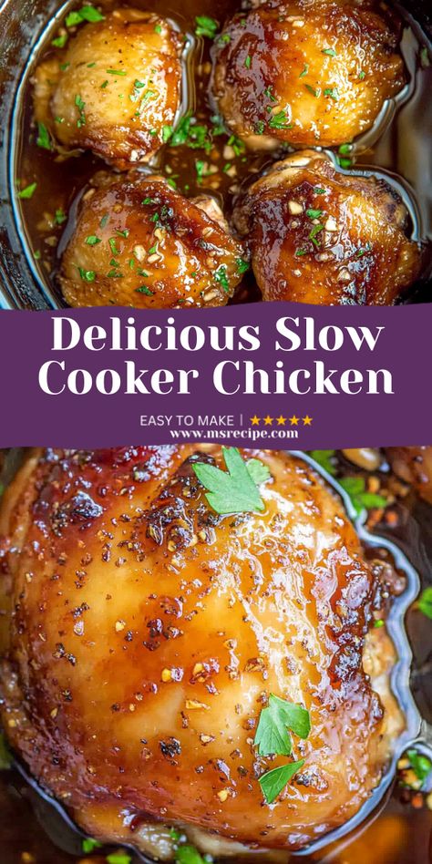 Garlic and brown sugar create the perfect glaze for these slow-cooked chicken thighs. This recipe is as easy as it is delicious, great for busy weeknights. Slow Cook Chicken Thighs, Boneless Chicken Thighs Crockpot, Slow Cooker Garlic Chicken, Crackpot Chicken, Slow Cooked Chicken Thighs, Chicken Thighs Slow Cooker Recipes, Chicken Thighs Slow Cooker, Brown Sugar Garlic Chicken, Chicken Thighs Dinner