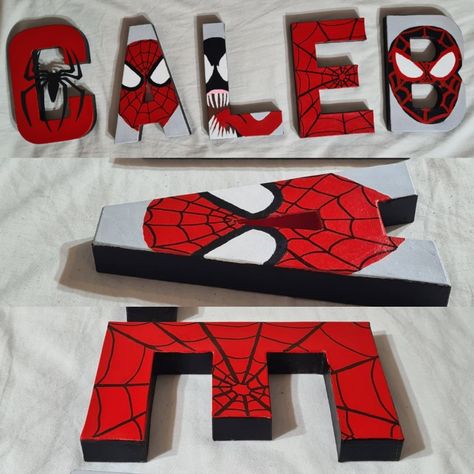 paper mache hand painted letters spiderman miles morales and venom Wood Letter Painting, Joker Name, Boys Bunk Beds, Brothers Bedroom, Paper Mache Hand, Spiderman Toddler, Letter Painting, Bunk Beds Boys, Birthday Theme Decoration