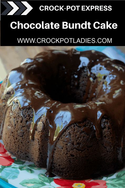 Crock-Pot Express Chocolate Bundt Cake - Pretty enough for guests but easy enough for everyday, this recipe for Crock-Pot Express Chocolate Bundt Cake is the perfect homemade chocolate cake with a fudgy chocolate ganache icing. [Low Sodium & Vegetarian] #CrockPotLadies #CrockPotExpress #PressureCooker #InstantPot #Chocolate #ChocolateCake #BundtCake #Dessert #Desserts Easy Chocolate Bundt Cake, Chocolate Ganache Glaze, Easy Bundt Cake, Savory Cakes, Amazing Chocolate Cake Recipe, Chocolate Bundt, Chocolate Bundt Cake, Decadent Chocolate Cake, Salty Cake