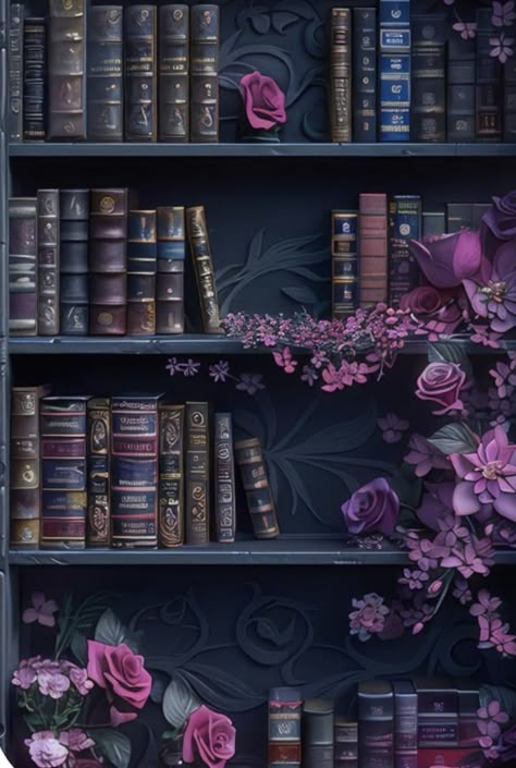 Purple Book Wallpaper, Gothic Library Aesthetic, Purple Library, Gothic Bookshelves, Gothic Library, Notion Aesthetic, Purple Books, Library Aesthetic, Book Wallpaper