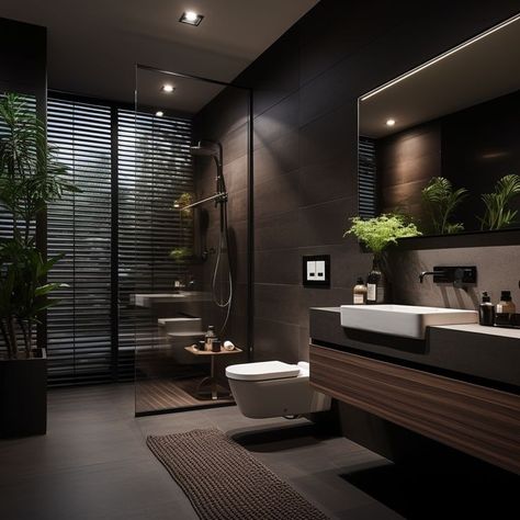 Modern Bathroom Design With Plants, Black Interior Bathroom Design, Wooden Black Bathroom, Dark Cozy Bathroom, Bathroom Dark Tile, Green And Black House, Green Modern Bathroom, Modern Dark Bathroom, Beautiful Bathrooms Modern