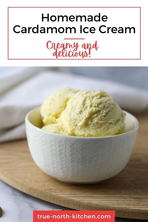 A bowl of cardamom ice cream on top of a wooden surface. Cardamom Ice Cream Recipe, Cardamom Ice Cream, Cardamom Recipes, Simple Ice Cream, Cardamom Recipe, Nordic Recipe, Custard Ice Cream, Cardamom Buns, Almond Tart