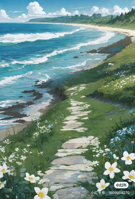 Studio Ghibli Sea Scenery, How To Draw Scenery Digital, Aesthetic Scenery Drawing, Watercolor Scenery Landscape Paintings, Beach Background Drawing, Studio Ghibli Art Landscape, Watercolor Paintings Scenery, Studio Ghibli Water, Anime Beach Art