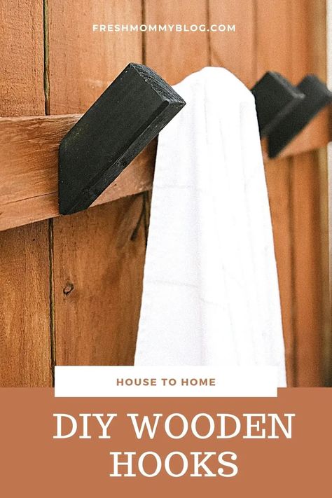 How to Make Modern DIY Wooden Hooks for $1 Each! See the sleek wood hook design in her outdoor shower. Towel Hooks For Pool Area, Towel Hook Ideas, Diy Towel Hooks, Outdoor Towel Hooks, Wood Towel Hooks, Diy Grill Table, Pool Towel Hooks, Diy Wall Hooks, Hooks For Towels